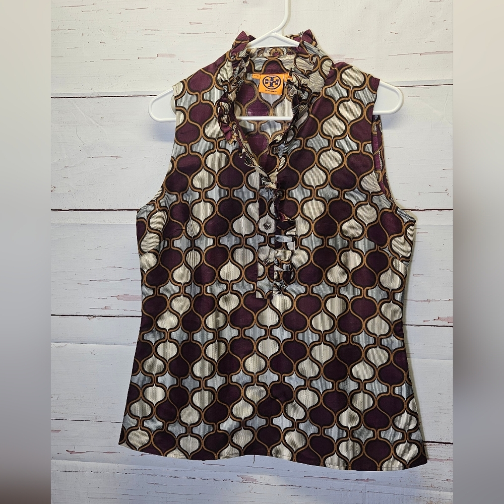 Tory Burch Purple and Cream Geometric Sleeveless Top Size 12 100% Silk Buisness
